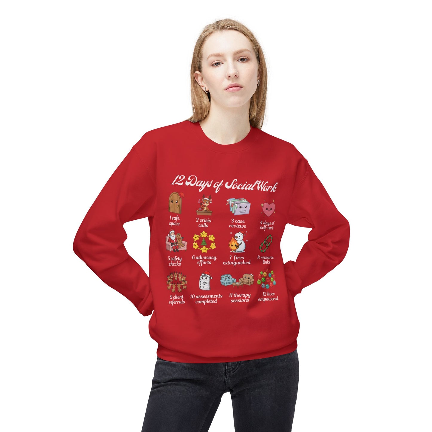 12 Days of Social Work Christmas Crewneck | Social Worker Sweatshirt | Therapist Counselor Gift | Mental Health Holiday Sweater | Cute Cartoon Icons | Social Work Appreciation Jumper