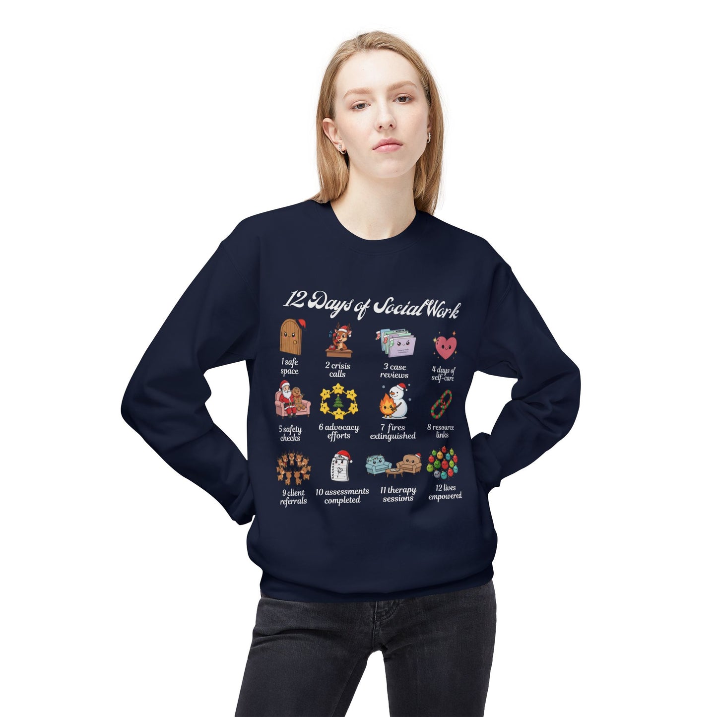 12 Days of Social Work Christmas Crewneck | Social Worker Sweatshirt | Therapist Counselor Gift | Mental Health Holiday Sweater | Cute Cartoon Icons | Social Work Appreciation Jumper