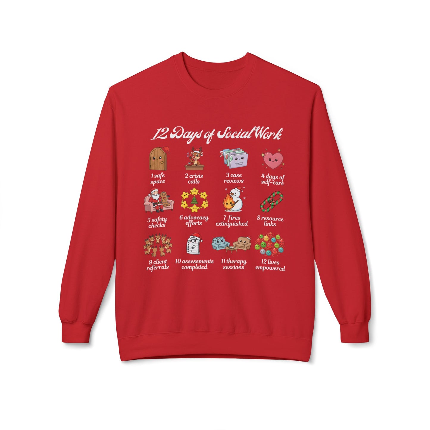 12 Days of Social Work Christmas Crewneck | Social Worker Sweatshirt | Therapist Counselor Gift | Mental Health Holiday Sweater | Cute Cartoon Icons | Social Work Appreciation Jumper