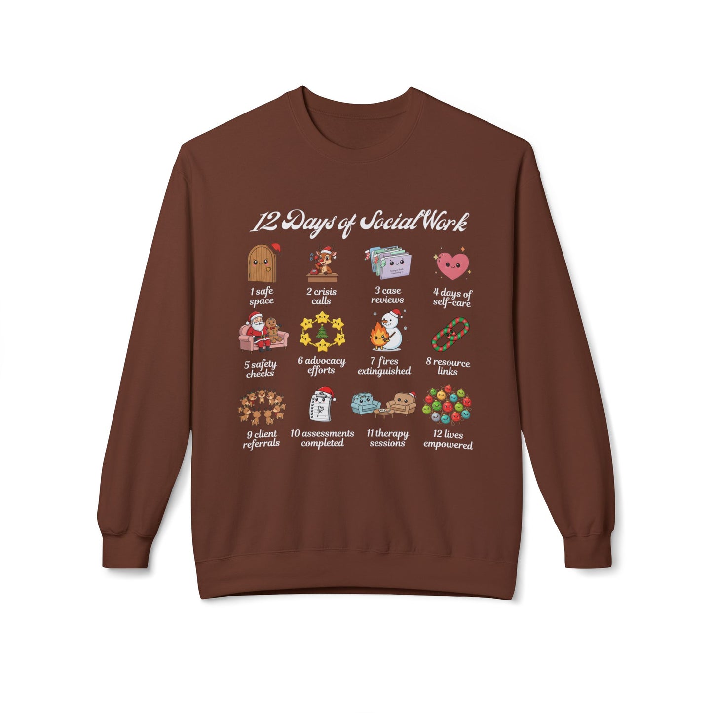 12 Days of Social Work Christmas Crewneck | Social Worker Sweatshirt | Therapist Counselor Gift | Mental Health Holiday Sweater | Cute Cartoon Icons | Social Work Appreciation Jumper