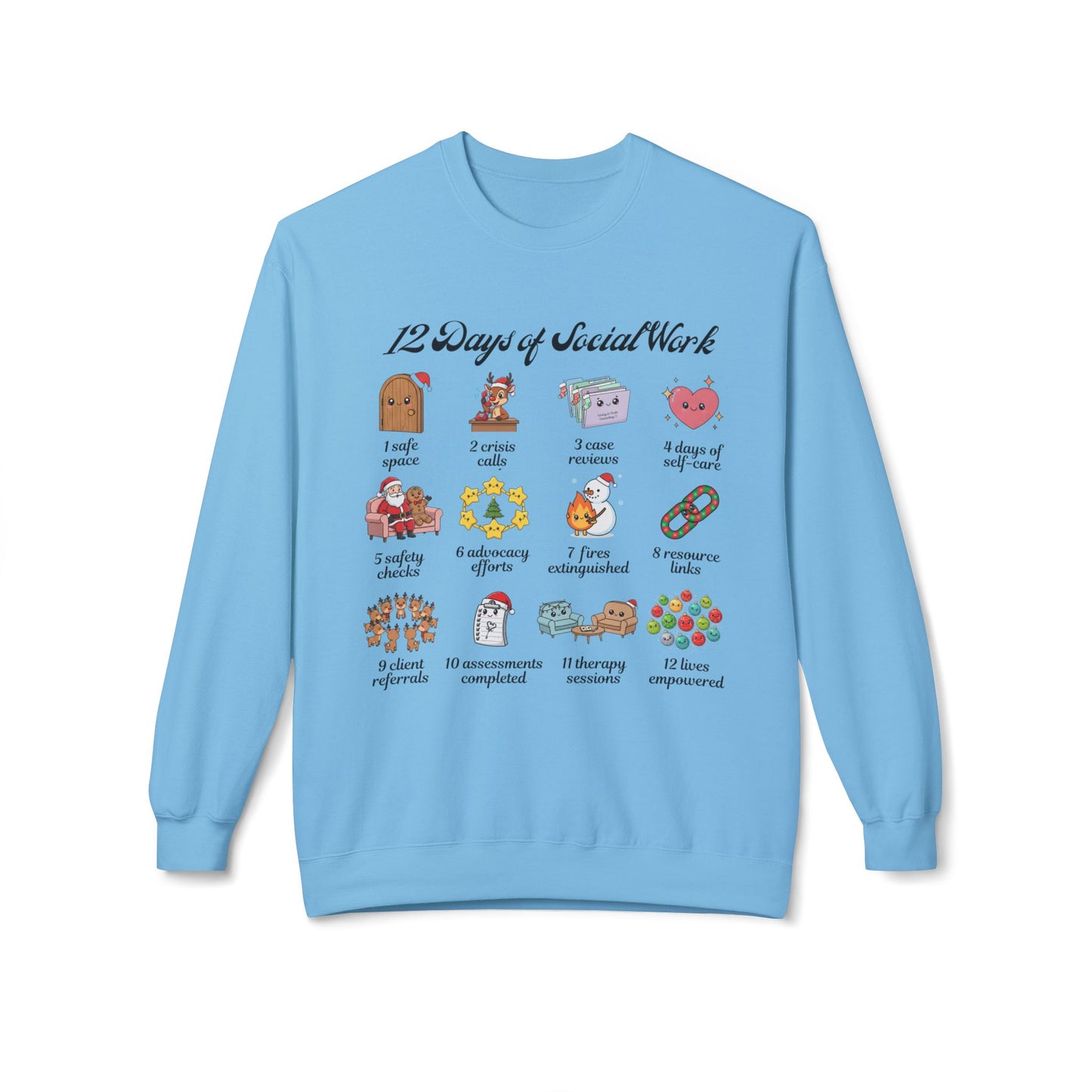 12 Days of Social Work Christmas Crewneck | Social Worker Sweatshirt | Therapist Counselor Gift | Mental Health Holiday Sweater | Cute Cartoon Icons | Social Work Appreciation Jumper
