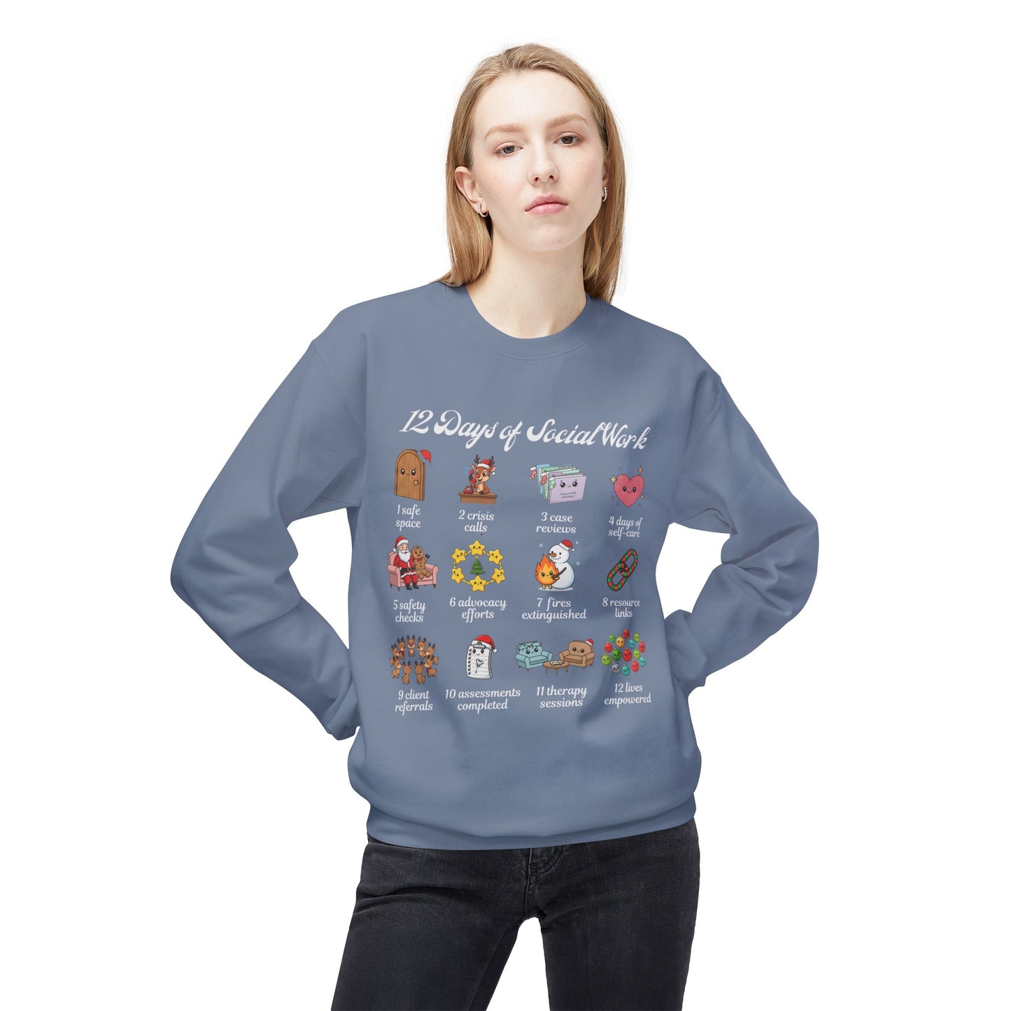 12 Days of Social Work Christmas Crewneck | Social Worker Sweatshirt | Therapist Counselor Gift | Mental Health Holiday Sweater | Cute Cartoon Icons | Social Work Appreciation Jumper