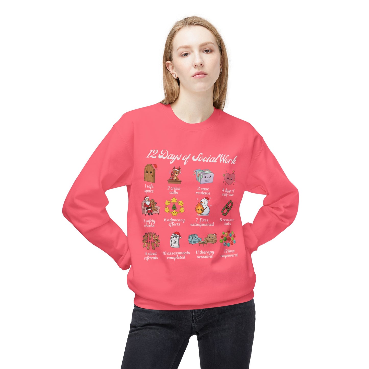 12 Days of Social Work Christmas Crewneck | Social Worker Sweatshirt | Therapist Counselor Gift | Mental Health Holiday Sweater | Cute Cartoon Icons | Social Work Appreciation Jumper