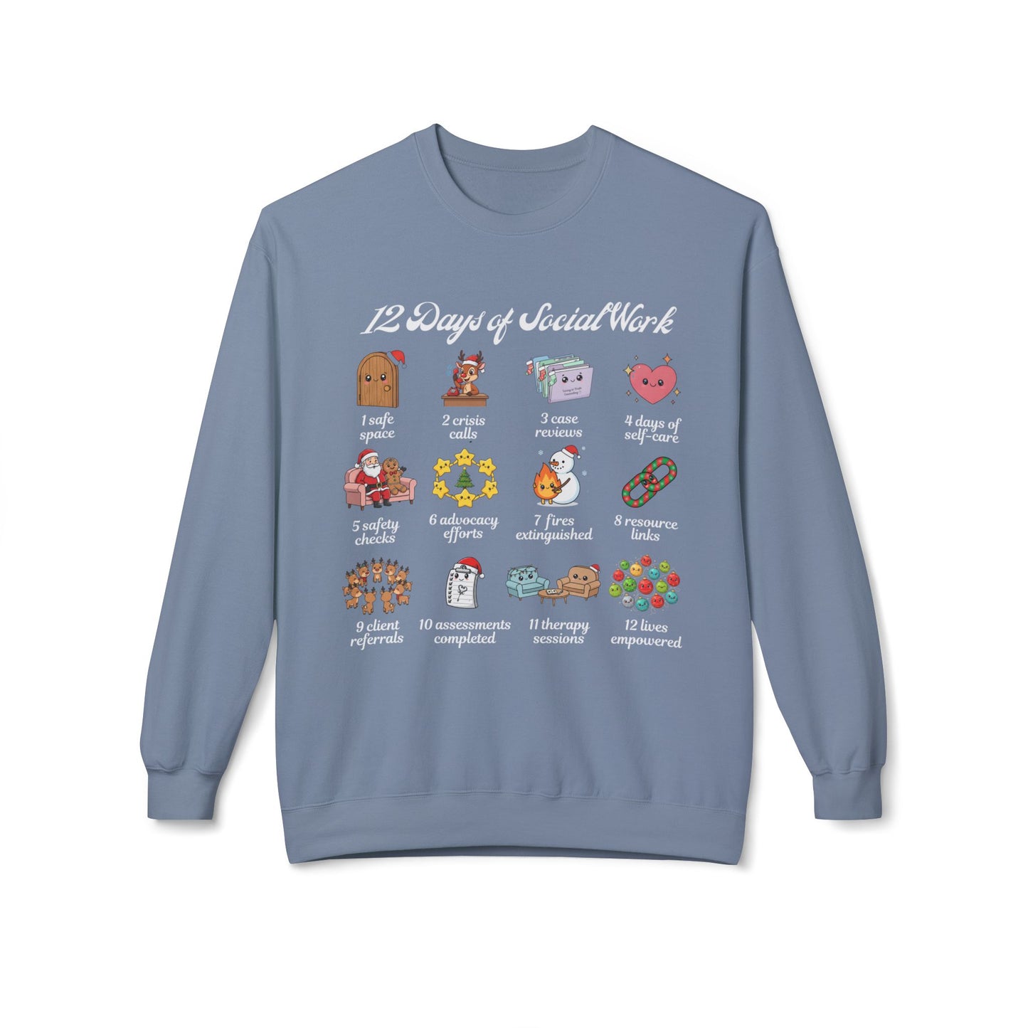 12 Days of Social Work Christmas Crewneck | Social Worker Sweatshirt | Therapist Counselor Gift | Mental Health Holiday Sweater | Cute Cartoon Icons | Social Work Appreciation Jumper