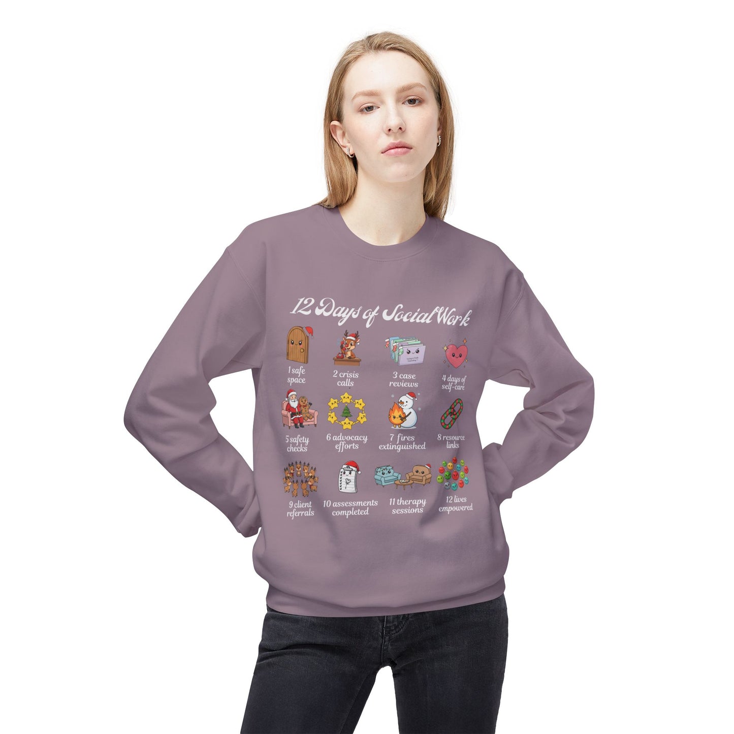 12 Days of Social Work Christmas Crewneck | Social Worker Sweatshirt | Therapist Counselor Gift | Mental Health Holiday Sweater | Cute Cartoon Icons | Social Work Appreciation Jumper