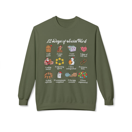 12 Days of Social Work Christmas Crewneck | Social Worker Sweatshirt | Therapist Counselor Gift | Mental Health Holiday Sweater | Cute Cartoon Icons | Social Work Appreciation Jumper