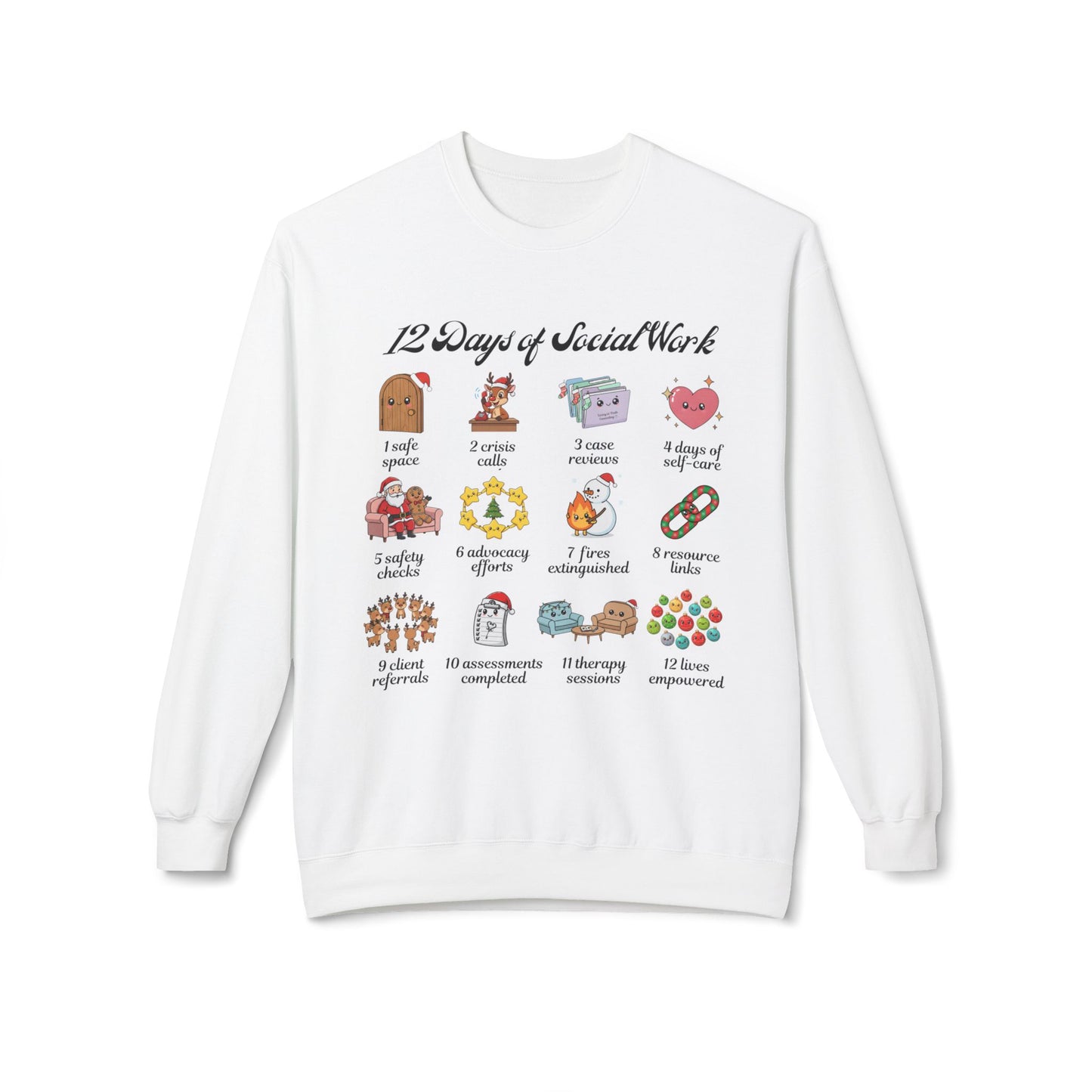 12 Days of Social Work Christmas Crewneck | Social Worker Sweatshirt | Therapist Counselor Gift | Mental Health Holiday Sweater | Cute Cartoon Icons | Social Work Appreciation Jumper