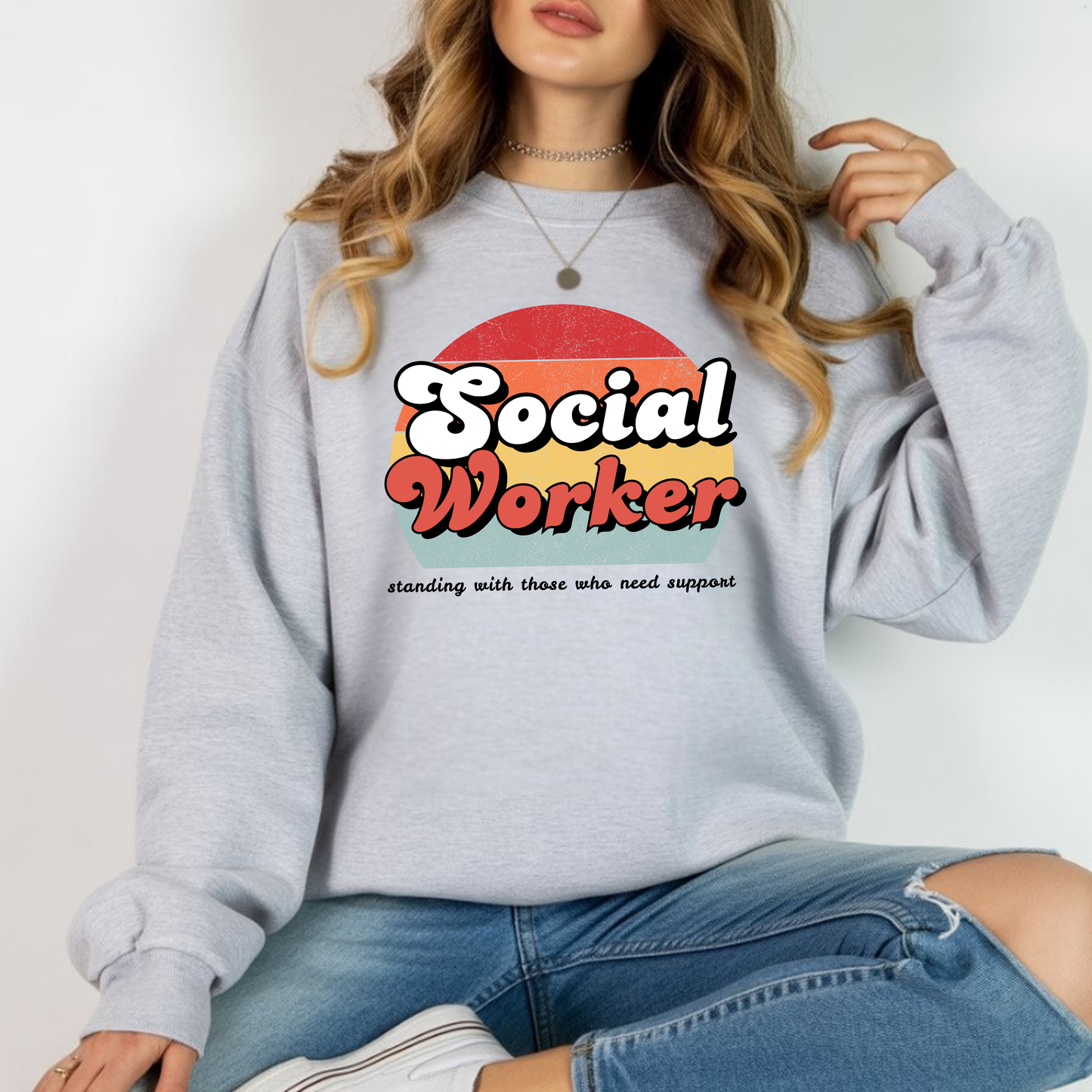 Social Worker Retro Sweatshirt – “Standing with Those Who Need Support” – Unisex Pullover - Red