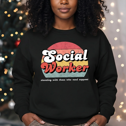 Social Worker Retro Sweatshirt – “Standing with Those Who Need Support” – Unisex Pullover - Red