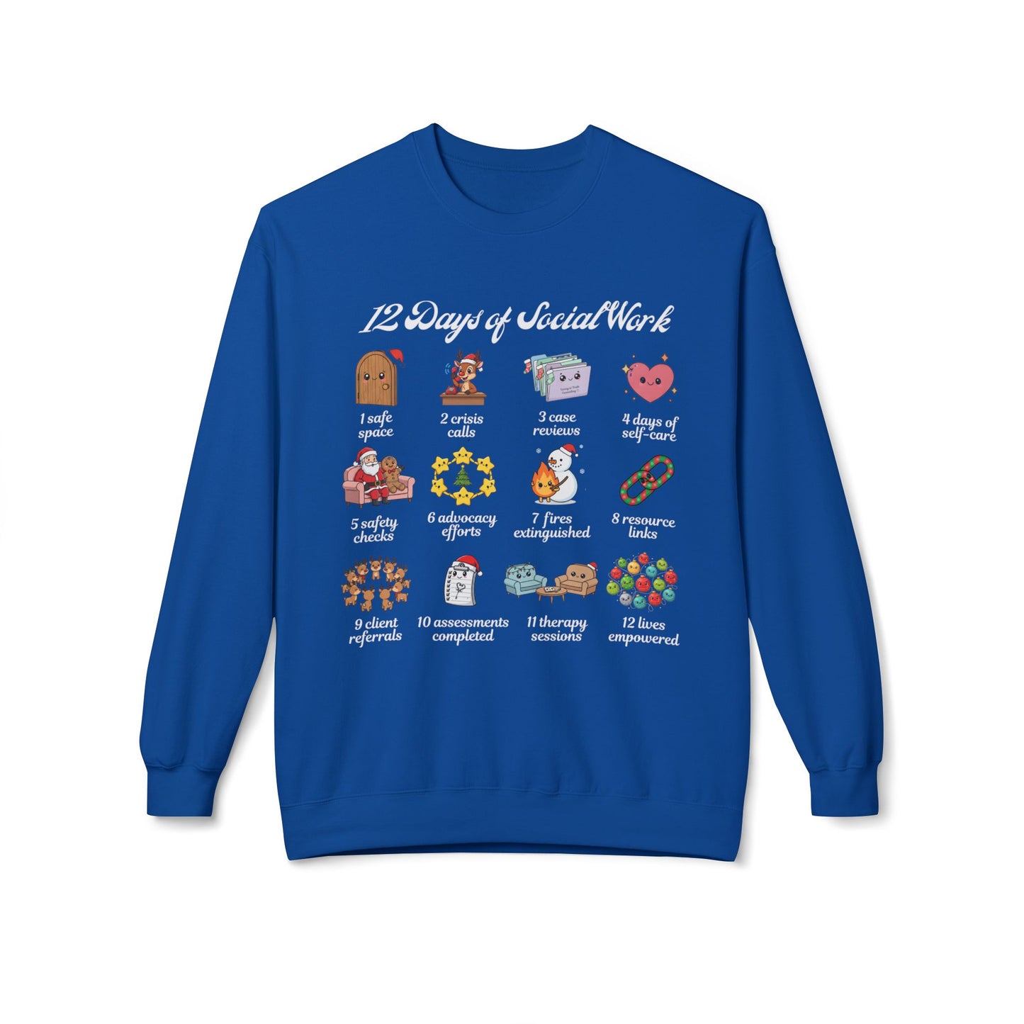 12 Days of Social Work Christmas Crewneck | Social Worker Sweatshirt | Therapist Counselor Gift | Mental Health Holiday Sweater | Cute Cartoon Icons | Social Work Appreciation Jumper