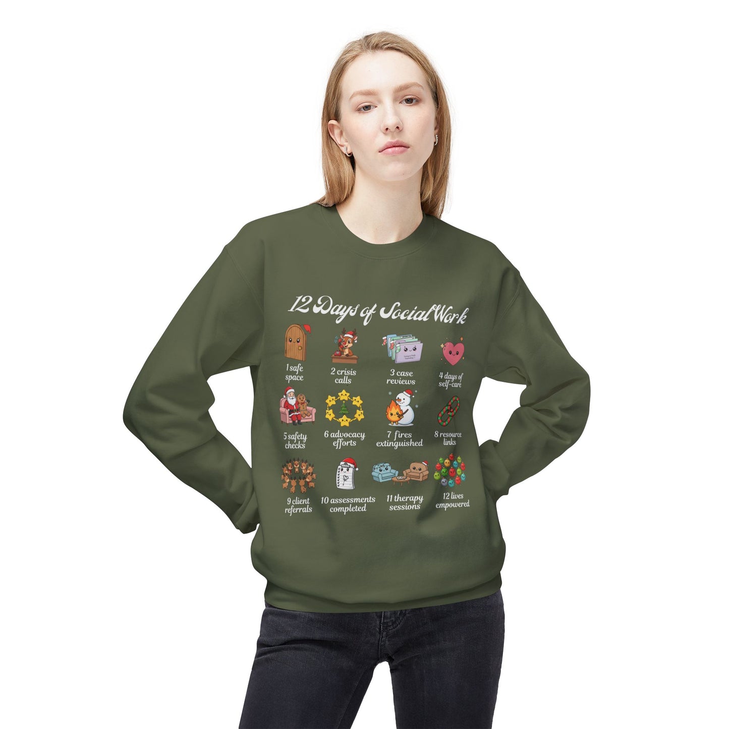 12 Days of Social Work Christmas Crewneck | Social Worker Sweatshirt | Therapist Counselor Gift | Mental Health Holiday Sweater | Cute Cartoon Icons | Social Work Appreciation Jumper
