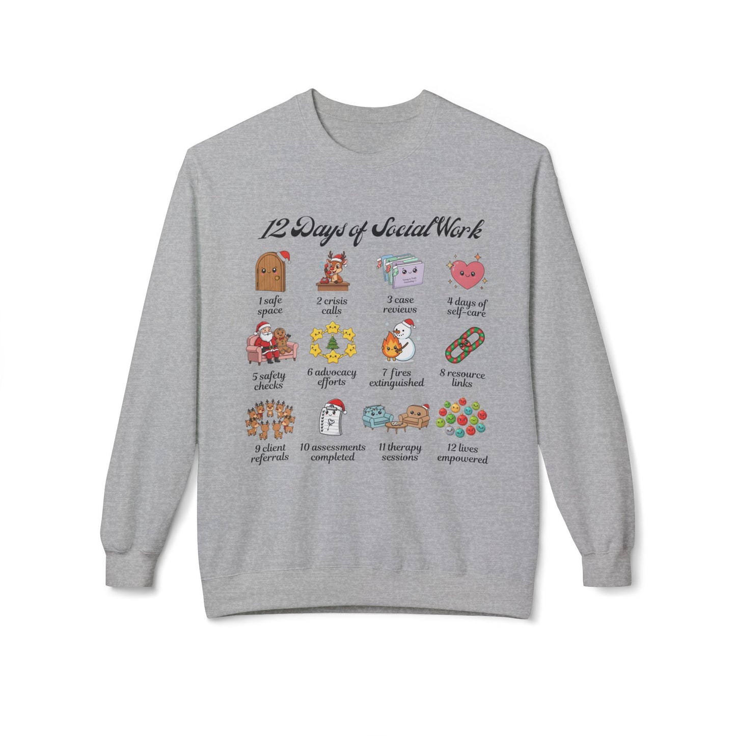 12 Days of Social Work Christmas Crewneck | Social Worker Sweatshirt | Therapist Counselor Gift | Mental Health Holiday Sweater | Cute Cartoon Icons | Social Work Appreciation Jumper