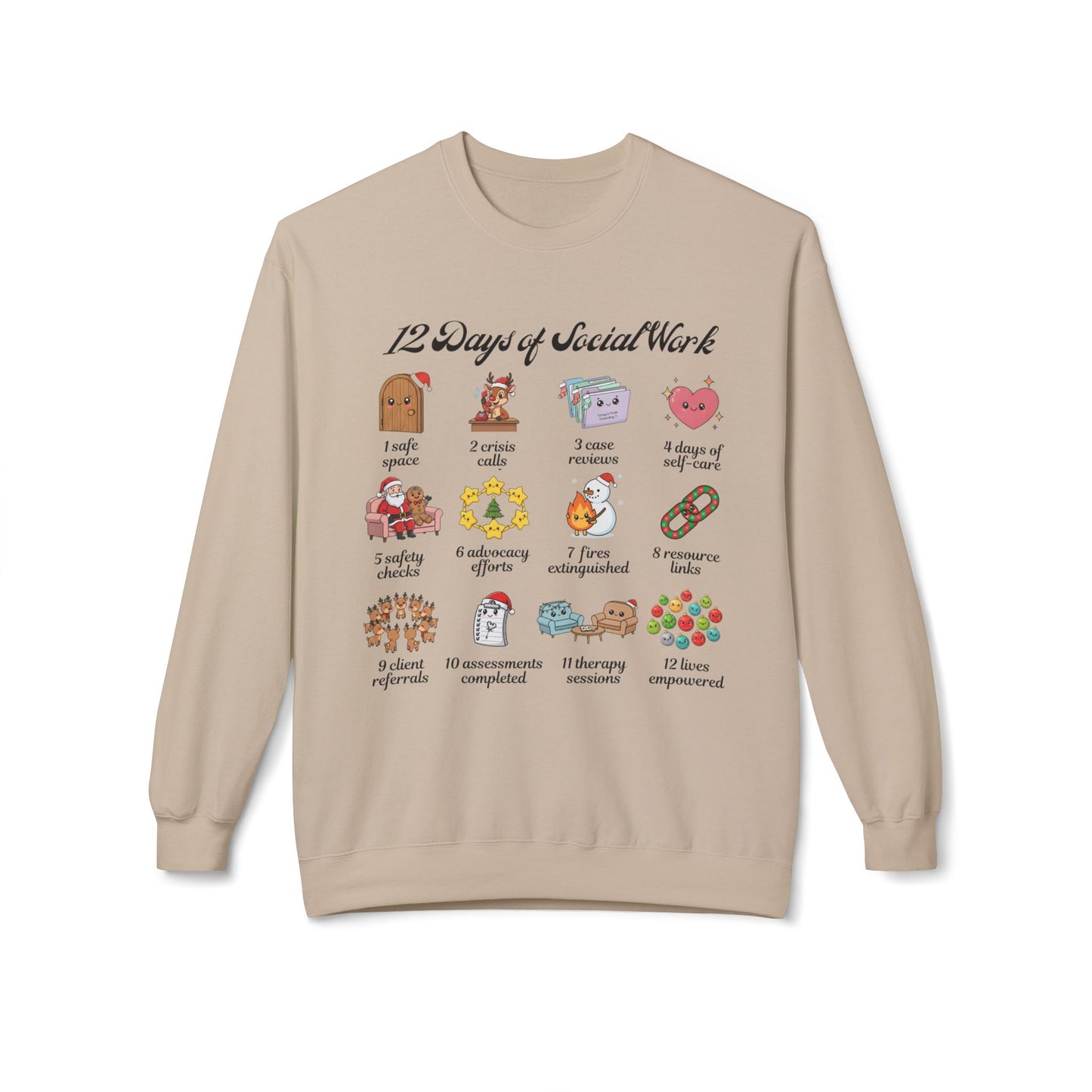 12 Days of Social Work Christmas Crewneck | Social Worker Sweatshirt | Therapist Counselor Gift | Mental Health Holiday Sweater | Cute Cartoon Icons | Social Work Appreciation Jumper