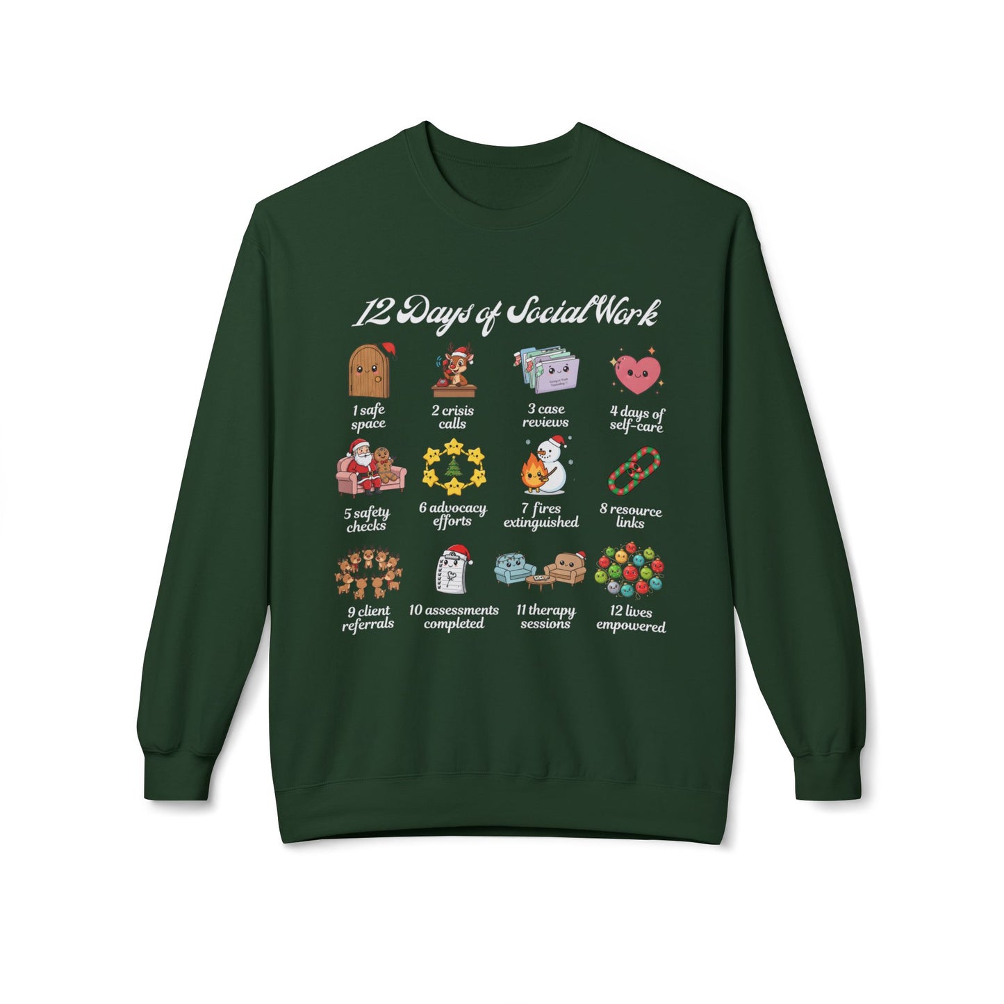 12 Days of Social Work Christmas Crewneck | Social Worker Sweatshirt | Therapist Counselor Gift | Mental Health Holiday Sweater | Cute Cartoon Icons | Social Work Appreciation Jumper
