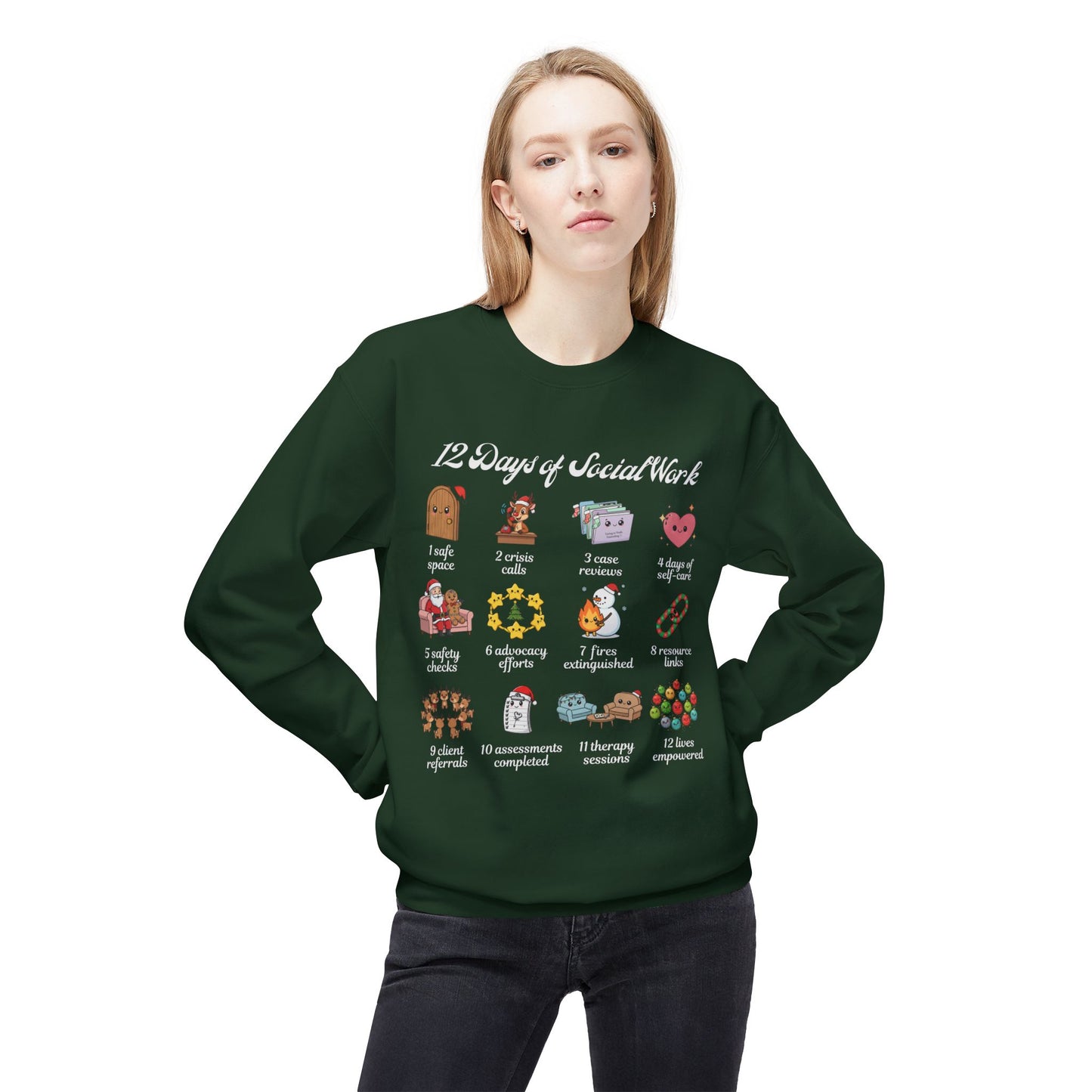 12 Days of Social Work Christmas Crewneck | Social Worker Sweatshirt | Therapist Counselor Gift | Mental Health Holiday Sweater | Cute Cartoon Icons | Social Work Appreciation Jumper