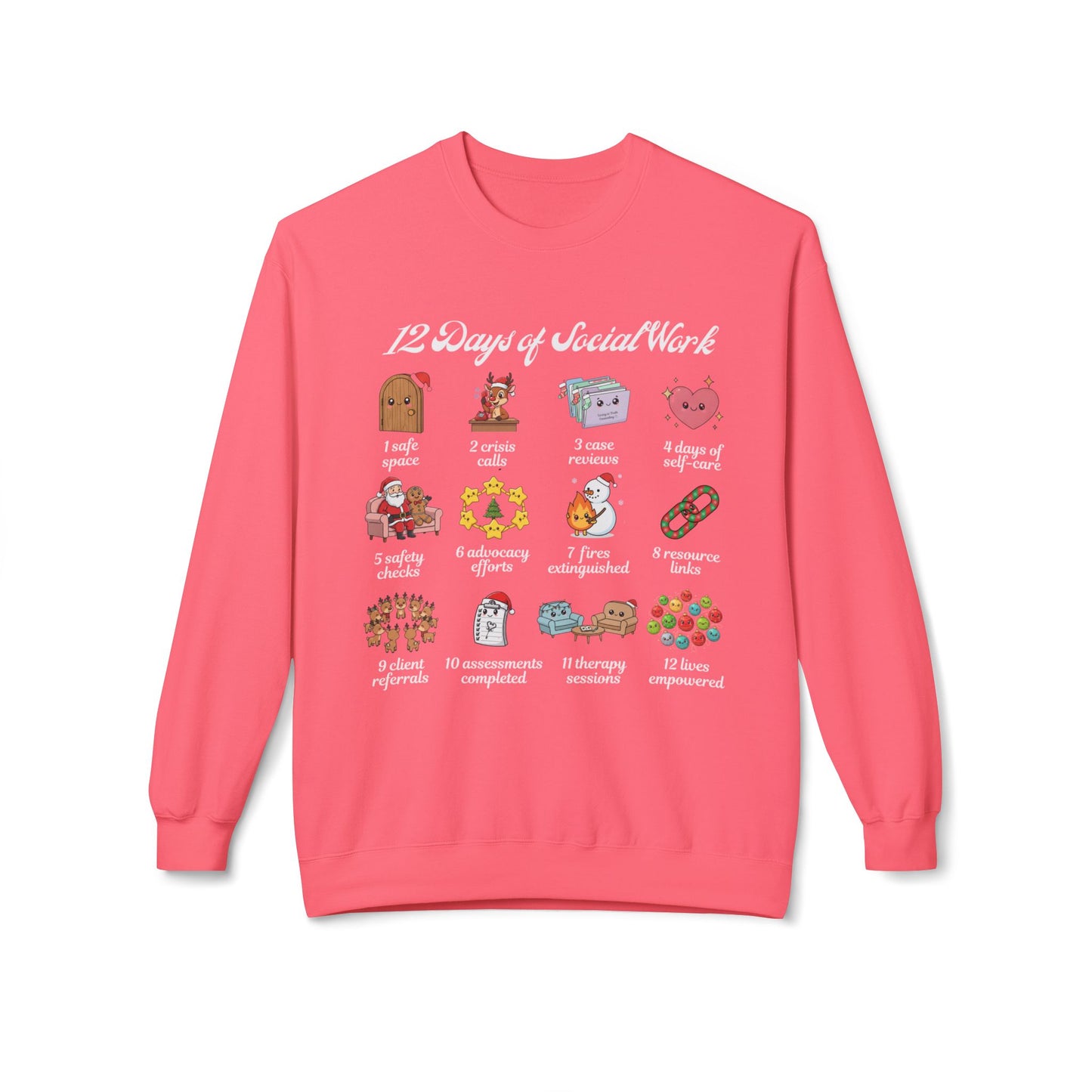 12 Days of Social Work Christmas Crewneck | Social Worker Sweatshirt | Therapist Counselor Gift | Mental Health Holiday Sweater | Cute Cartoon Icons | Social Work Appreciation Jumper