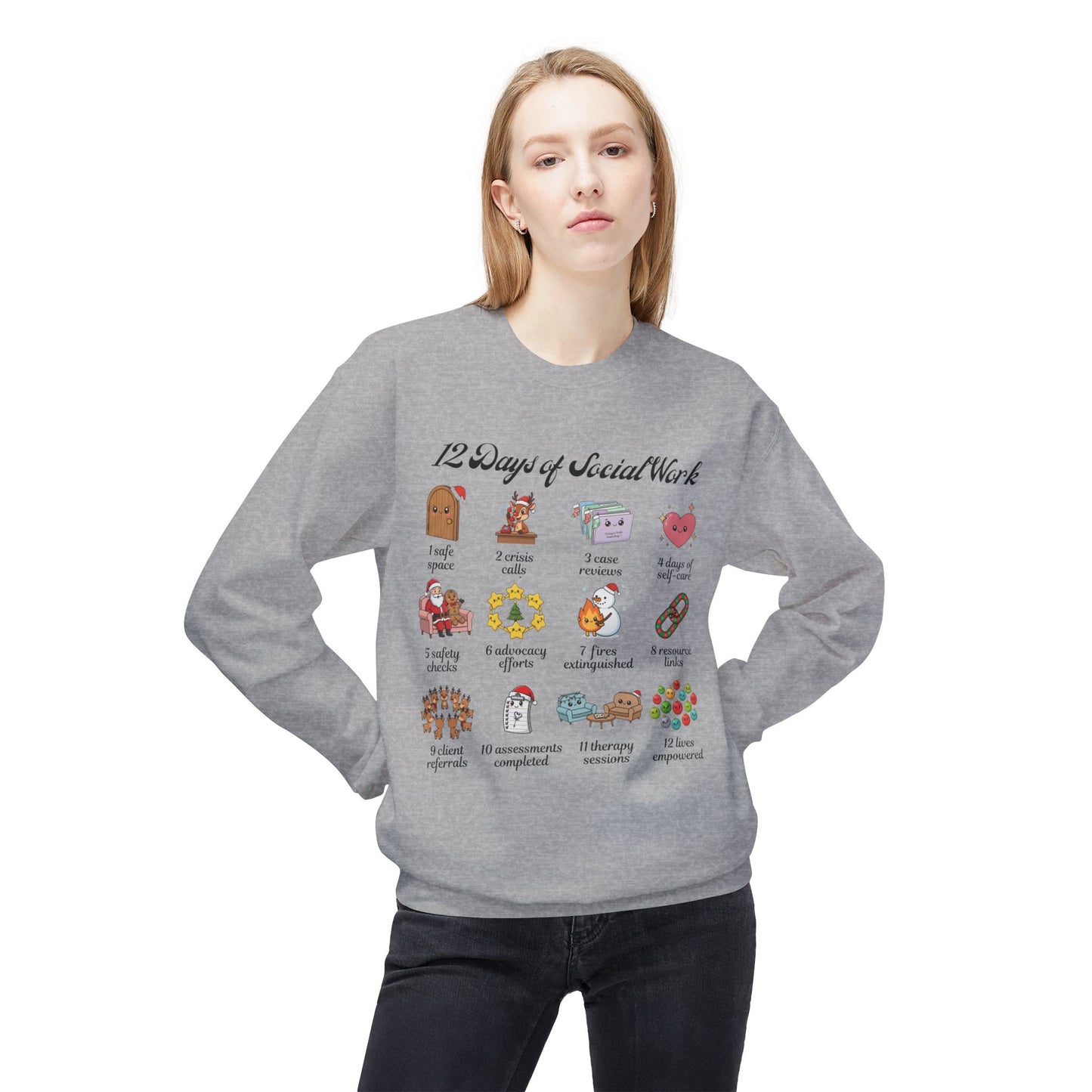 12 Days of Social Work Christmas Crewneck | Social Worker Sweatshirt | Therapist Counselor Gift | Mental Health Holiday Sweater | Cute Cartoon Icons | Social Work Appreciation Jumper