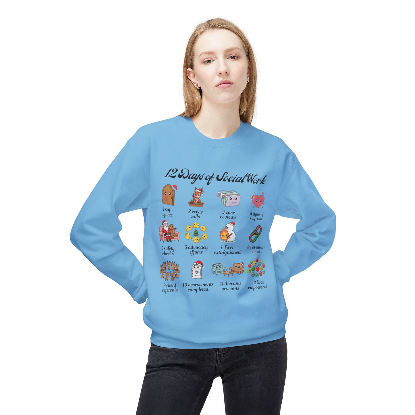12 Days of Social Work Christmas Crewneck | Social Worker Sweatshirt | Therapist Counselor Gift | Mental Health Holiday Sweater | Cute Cartoon Icons | Social Work Appreciation Jumper