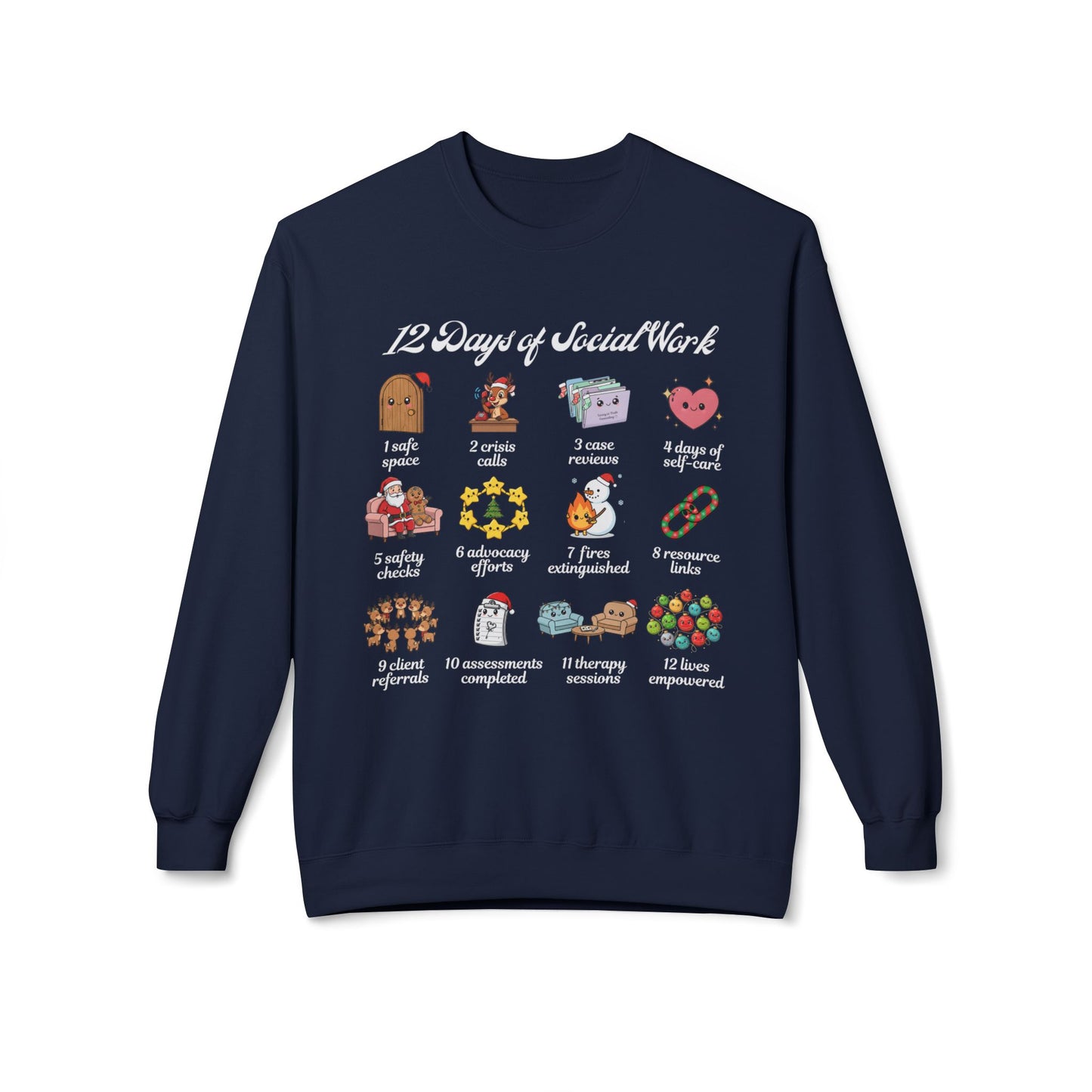 12 Days of Social Work Christmas Crewneck | Social Worker Sweatshirt | Therapist Counselor Gift | Mental Health Holiday Sweater | Cute Cartoon Icons | Social Work Appreciation Jumper