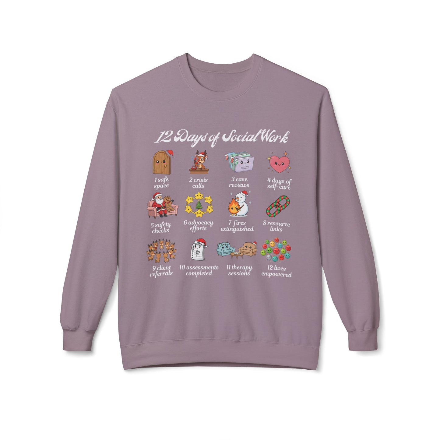12 Days of Social Work Christmas Crewneck | Social Worker Sweatshirt | Therapist Counselor Gift | Mental Health Holiday Sweater | Cute Cartoon Icons | Social Work Appreciation Jumper