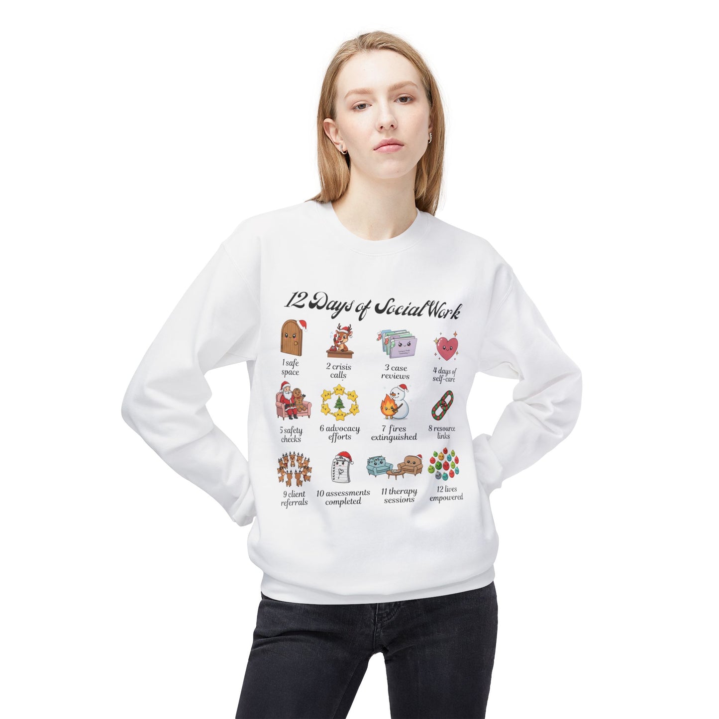 12 Days of Social Work Christmas Crewneck | Social Worker Sweatshirt | Therapist Counselor Gift | Mental Health Holiday Sweater | Cute Cartoon Icons | Social Work Appreciation Jumper