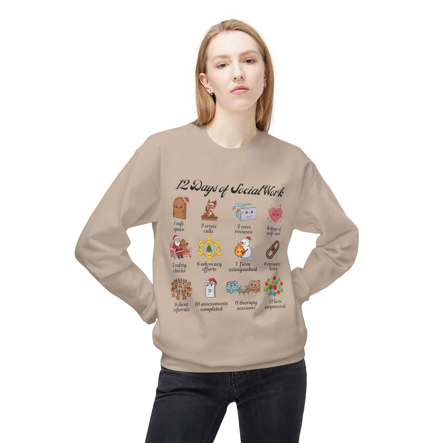 12 Days of Social Work Christmas Crewneck | Social Worker Sweatshirt | Therapist Counselor Gift | Mental Health Holiday Sweater | Cute Cartoon Icons | Social Work Appreciation Jumper