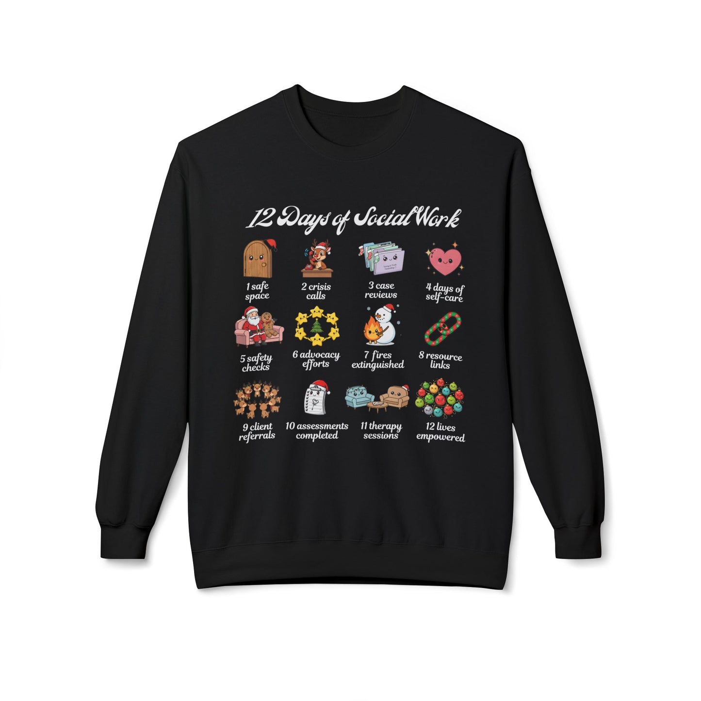 12 Days of Social Work Christmas Crewneck | Social Worker Sweatshirt | Therapist Counselor Gift | Mental Health Holiday Sweater | Cute Cartoon Icons | Social Work Appreciation Jumper