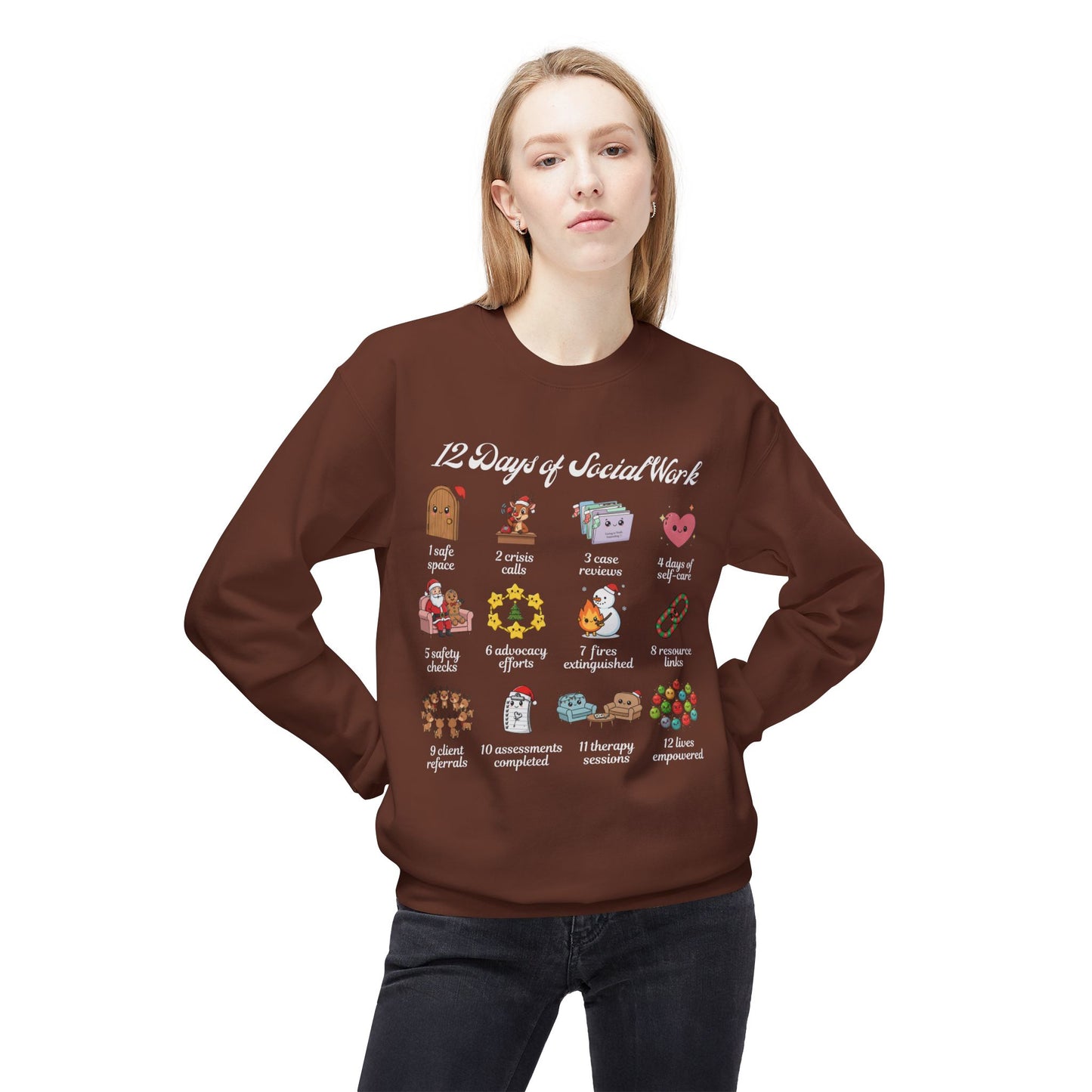 12 Days of Social Work Christmas Crewneck | Social Worker Sweatshirt | Therapist Counselor Gift | Mental Health Holiday Sweater | Cute Cartoon Icons | Social Work Appreciation Jumper