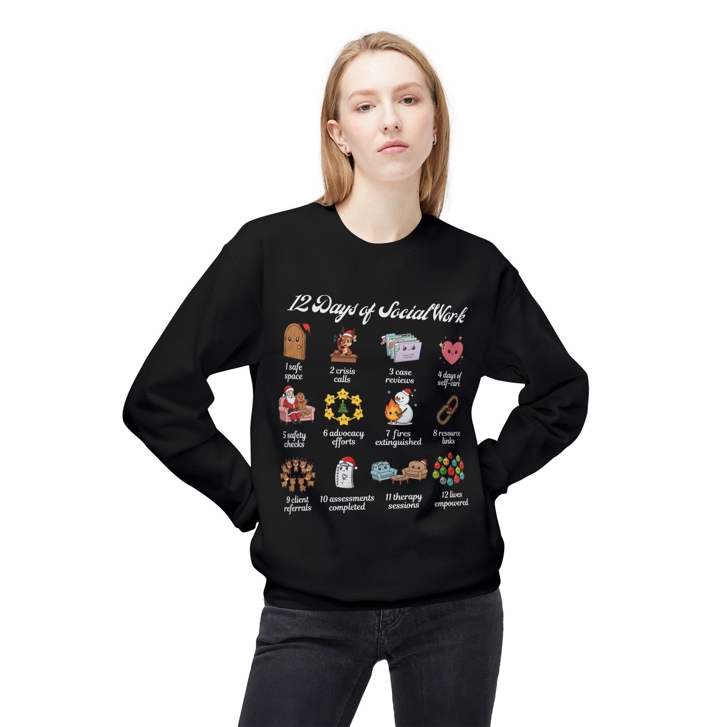 12 Days of Social Work Christmas Crewneck | Social Worker Sweatshirt | Therapist Counselor Gift | Mental Health Holiday Sweater | Cute Cartoon Icons | Social Work Appreciation Jumper