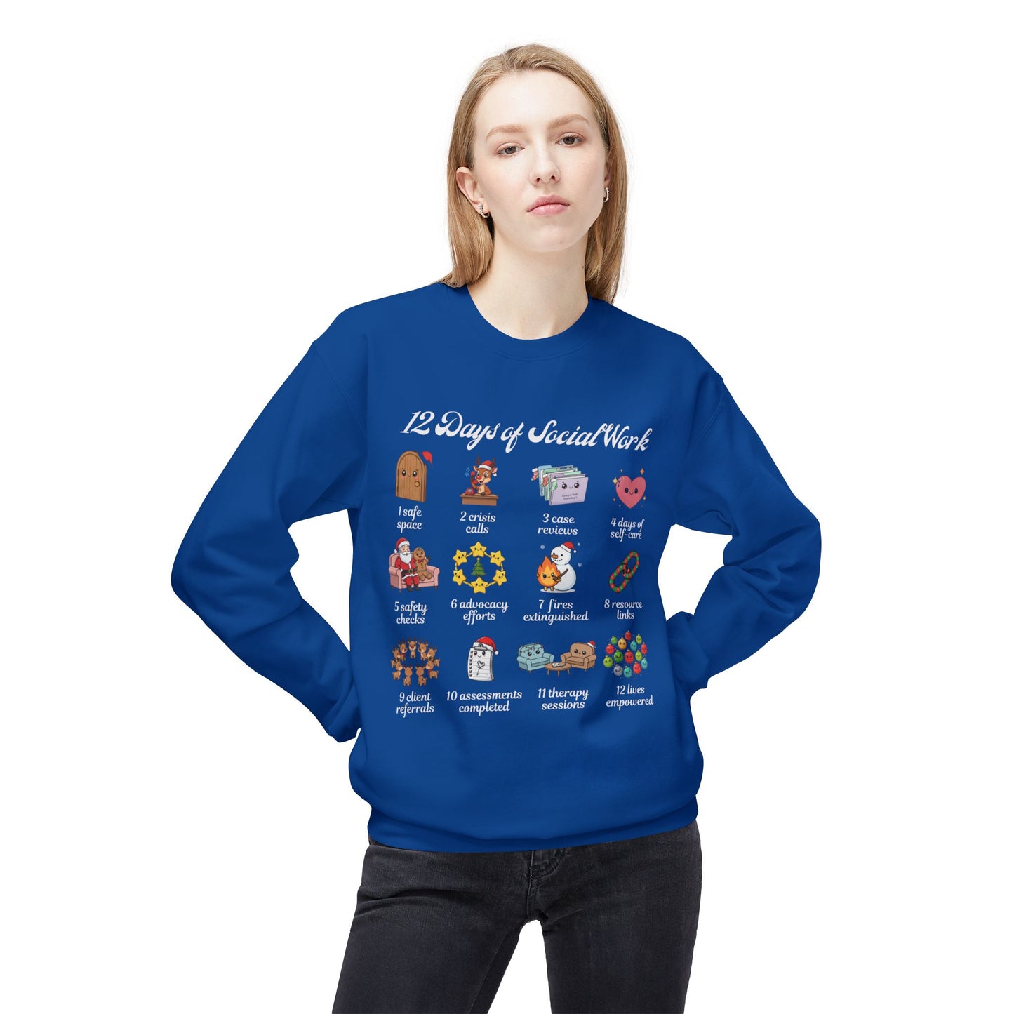 12 Days of Social Work Christmas Crewneck | Social Worker Sweatshirt | Therapist Counselor Gift | Mental Health Holiday Sweater | Cute Cartoon Icons | Social Work Appreciation Jumper